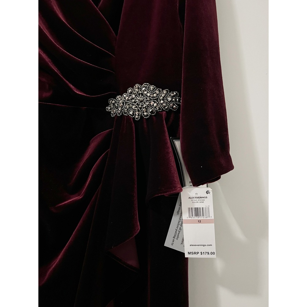 Alex Evenings Velvet Ruched Embellished Sheath Dress Burgundy Size 12 - Picture 5 of 10